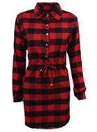 Oasap Turn Down Collar Long Sleeve Plaid Collect Waist Dress