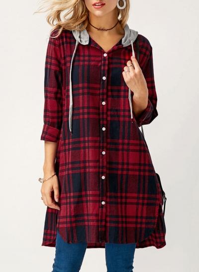 Oasap Hooded Long Sleeve Plaid Button Down Coat