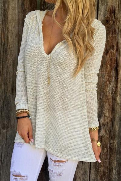Oasap Casual Long Sleeve V Neck Waffle Knit Hooded Sweater
