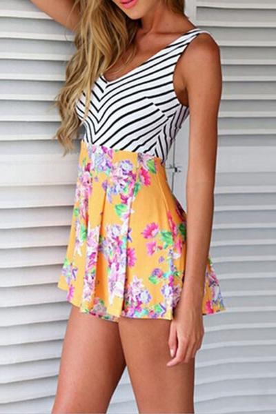 Oasap Vigorous Stripe Paneled Culotte Romper