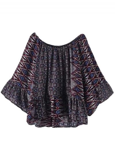 Oasap Women's National Wind Print Off Shoulder Flounce Trim Blouse