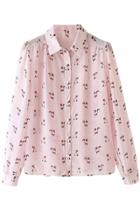 Oasap Blush Pink Cat Print Button Down Shirt