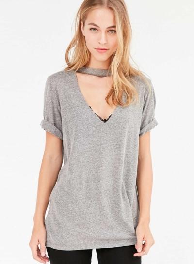 Oasap Fashion Solid Choker V Neck Short Sleeve Tee
