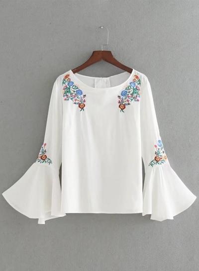 Oasap Casual Floral Embroidery Flare Sleeve Blouse