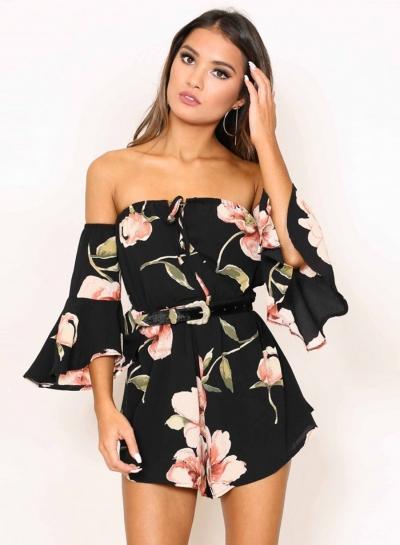 Oasap Floral Print Slash Neck Flare Sleeve Romper