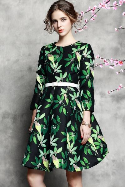 Oasap Retro Floral Print Three Quarter Round Neck Dress