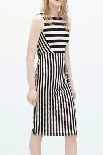Oasap Black White Striped Print Pencil Dress