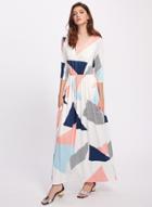 Oasap Geometric Print Round Neck 3/4 Sleeve Maxi Dress