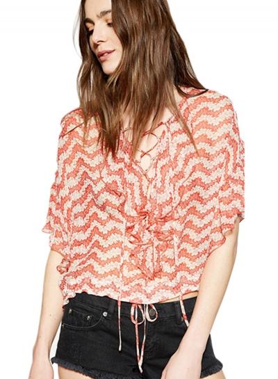 Oasap V Neck Flounce Sleeve Wave Print Blouse