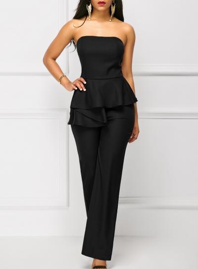 Oasap Solid Strapless Ruffle Wide-leg Jumpsuit