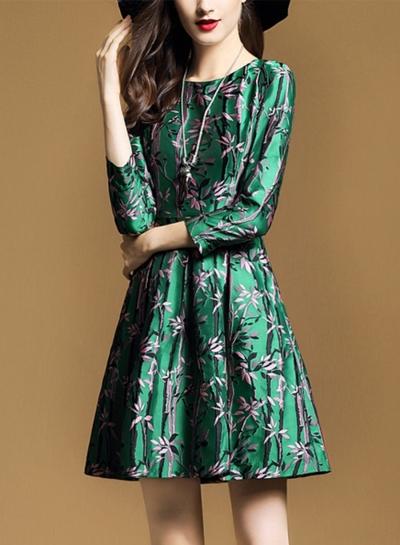 Oasap Round Neck 3/4 Sleeve A-line Floral Dress