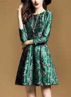Oasap Round Neck 3/4 Sleeve A-line Floral Dress