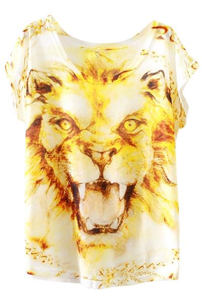 Oasap Casual Lion Print Round Neck Cap Sleeve Tee