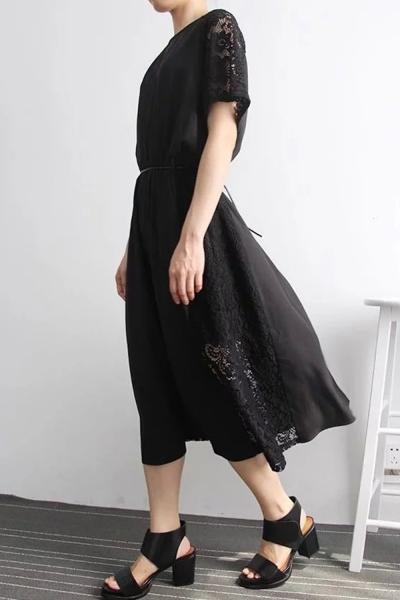 Oasap Floral Lace Paneled Tie Waist Midi Dress