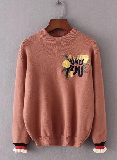Oasap Floral Embroidery Petal Sleeve Round Neck Sweater