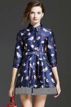 Oasap Chic Birds Print Stand Collar Dress