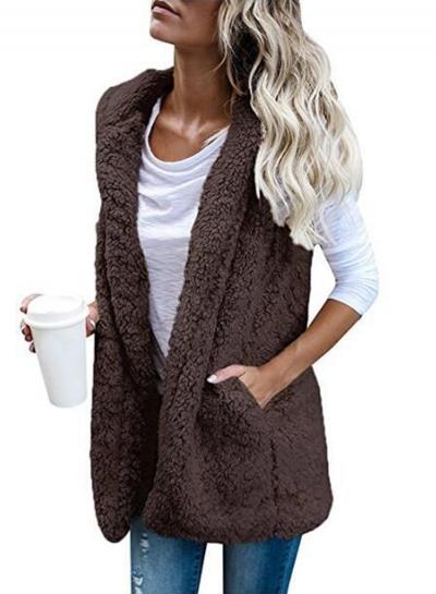Oasap Hooded Sleevelee Solid Color Lamb Wool Vest