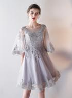 Oasap Elegant Round Neck Flare Sleeve Lace Bidesmaid Prom Dress