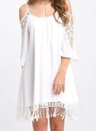 Oasap Spaghetti Strap Off Shoulder Lace Panel Dress With Tassel