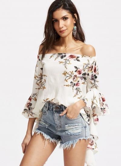 Oasap Slash Neck Flare Sleeve Blouses