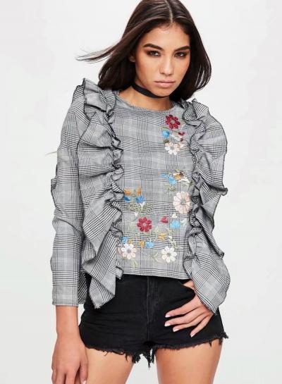 Oasap Round Neck Long Sleeve Agaric Lace Floral Embroidery Blouse