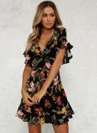 Oasap Fashion Black Short Sleeve Floral Printing Deep V Neck Dress