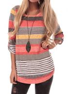 Oasap Round Neck Long Sleeve Striped Printed Tee Shirt