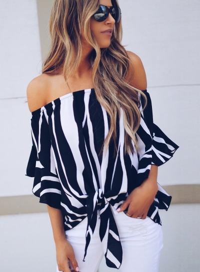 Oasap Fashion Sexy Loose Striped Flare Sleeve Off The Shoulder Blouse
