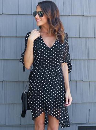 Oasap Polka Dots V Neck Short Sleeve Irregular Dress