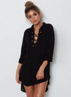 Oasap V Neck Lace-up Front High Low Pullover Blouse