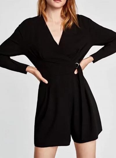 Oasap V Neck Long Sleeve Tie Waist Solid Romper