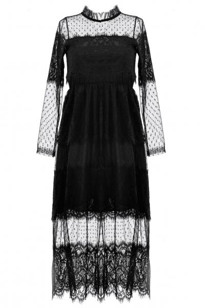 Oasap Gorgeous Black Sheer Mesh Lace Midi Dress