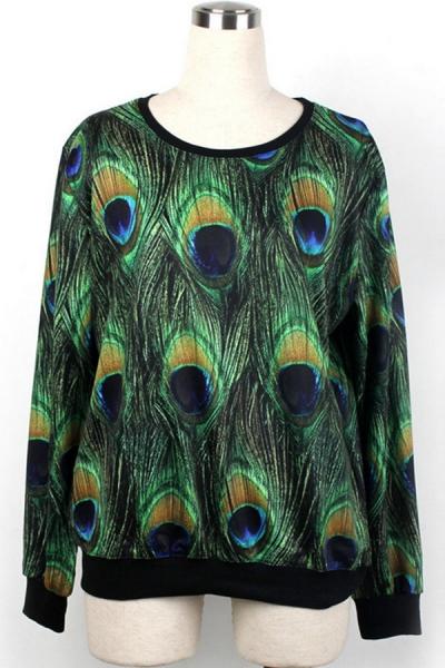 Oasap Peacock Feather Print Sweatshirt