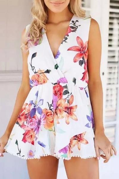 Oasap Floral Print Surplice Trimmed Romper