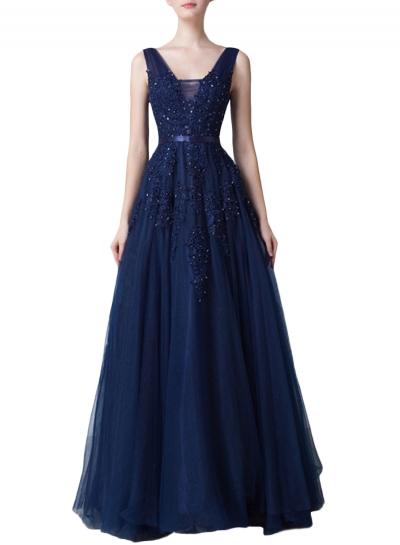 Oasap Elegant Floral Lace V Back Prom Dress