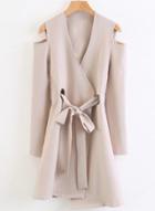 Oasap Solid Off Shoulder Long Sleeve Trench Coat With Belt