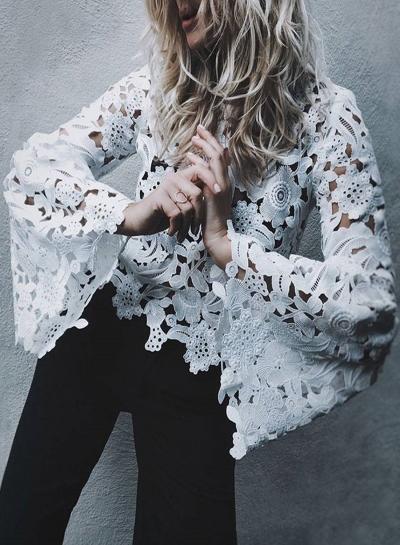 Oasap Flare Sleeve Round Neck Hollow Out Lace Blouse