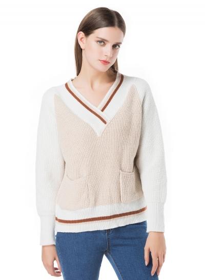 Oasap V Neck Long Sleeve Color Block Pullover Sweater With Pocket
