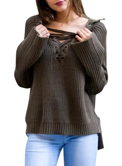 Oasap Lace-up Long Sleeve Loose High Low Sweater
