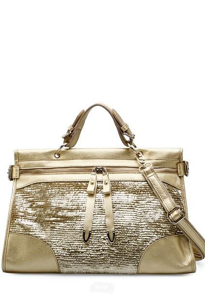Oasap Shiny Champagne Leather Handbag With Exqusite Incision
