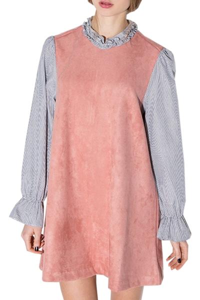 Oasap Women's Sweet Ruffle Neck Long Sleeve Color Block Panel Dress