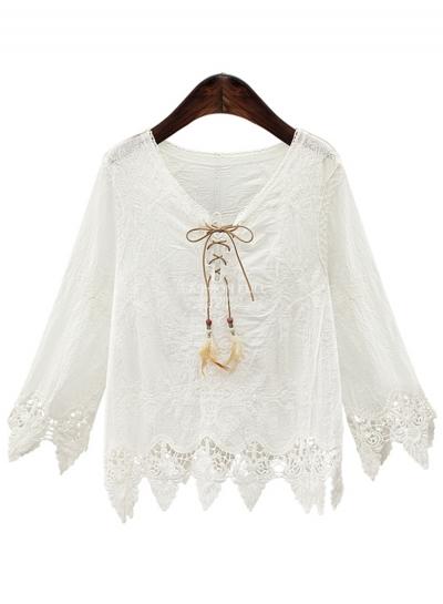 Oasap Lace Crochet Beading Lace Up Neck Blouse