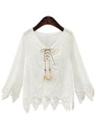 Oasap Lace Crochet Beading Lace Up Neck Blouse