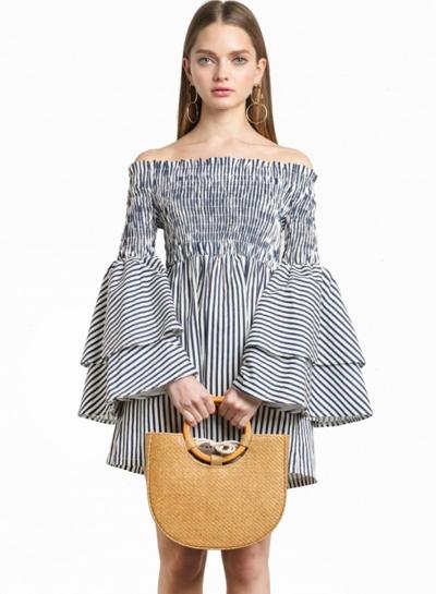 Oasap Slash Neck Flounce Sleeve High Waist Striped Mini Dress