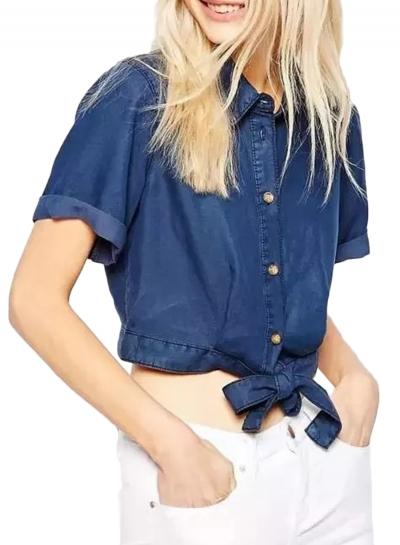 Oasap Women Tie Waist Button Down Denim Cropped Shirt