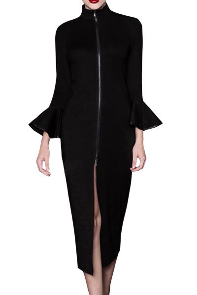 Oasap Women Black Flounce Sleeve Zip Front Closure Bodycon Dress