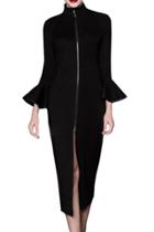 Oasap Women Black Flounce Sleeve Zip Front Closure Bodycon Dress