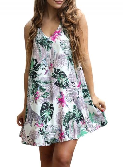 Oasap Women's Casual V-neck Sleeveless Print Loose Mini Dress
