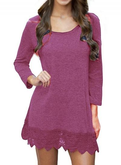 Oasap Scoop Neck Long Sleeve Lace Hem Solid Color Dress