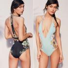 Oasap Floral Halter Deep V Neck Slim Fit One Piece Swimsuit